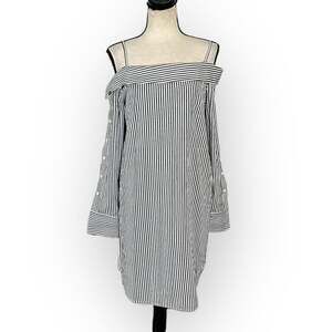 Robert Rodriguez Cold Shoulder Shirt Mini Dress Women's 4 Black White Striped